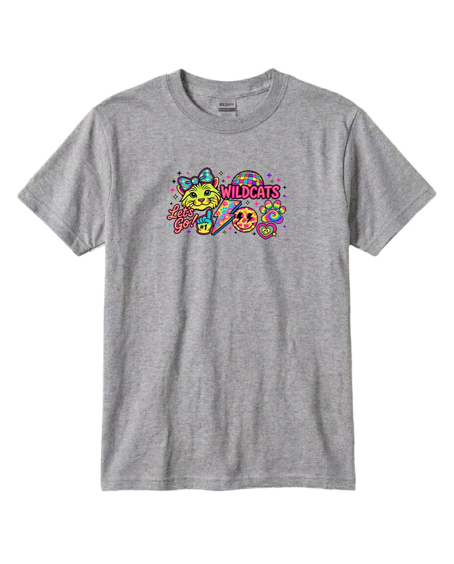 A gray t-shirt with a colorful graphic design featuring a cartoon character and the text "WILDCATS" printed on it.