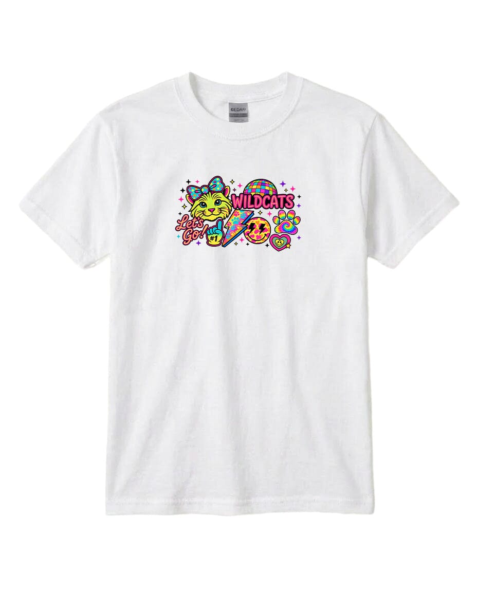 A white t-shirt with a colorful graphic design featuring a cat, a bird, and the word "WILDCATS" written in pink text.